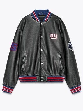 Zara NFL New York Giants Faux Leather Bomber Jacket